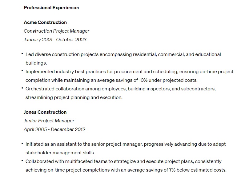 Professional Experience Section of Resume